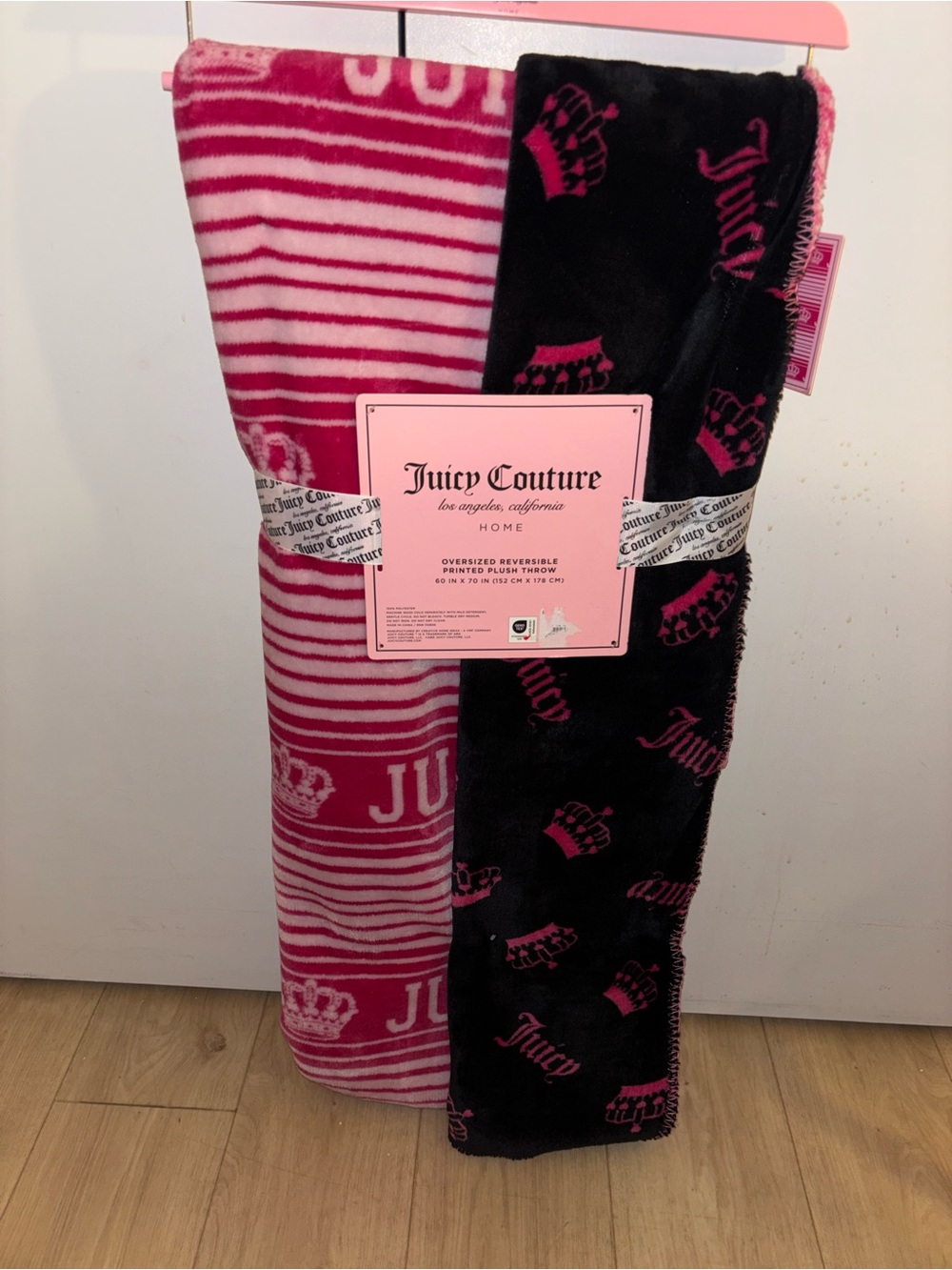 Juicy Couture Pink and Black Reversible Plush Throw